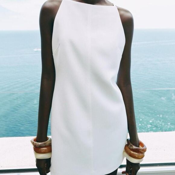 Zara Cream Patternless A-Line Shift Mini Dress Structured Sleeveless NWT Sz S - Picture 2 of 16